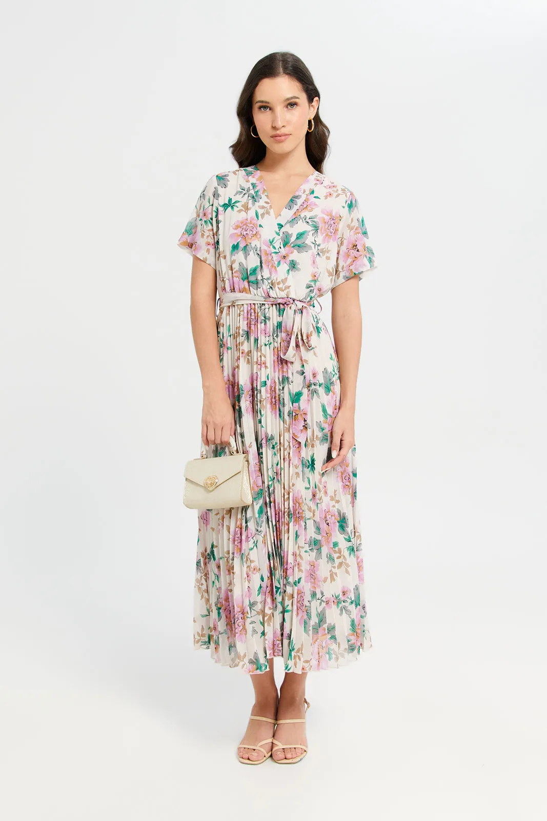 Women Beige Floral Print Pleated Wrap Dress sold by Redtag product image thumbnail 4