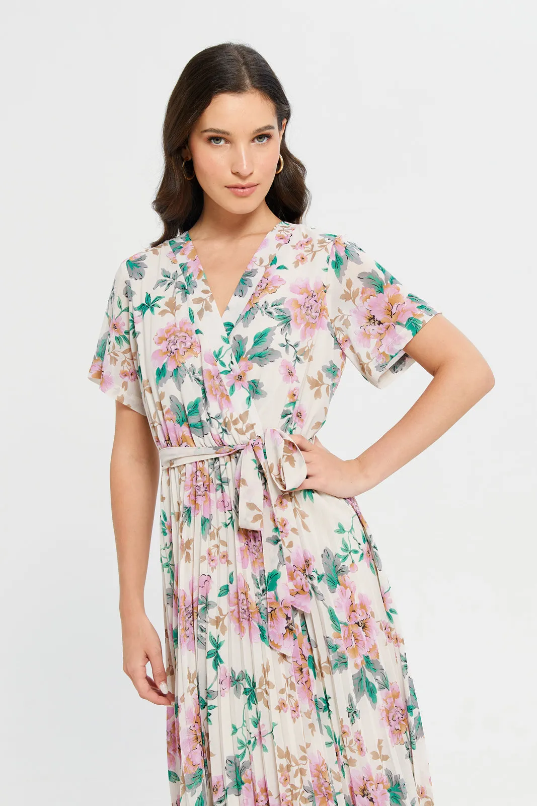 Women Beige Floral Print Pleated Wrap Dress sold by Redtag product image thumbnail 2
