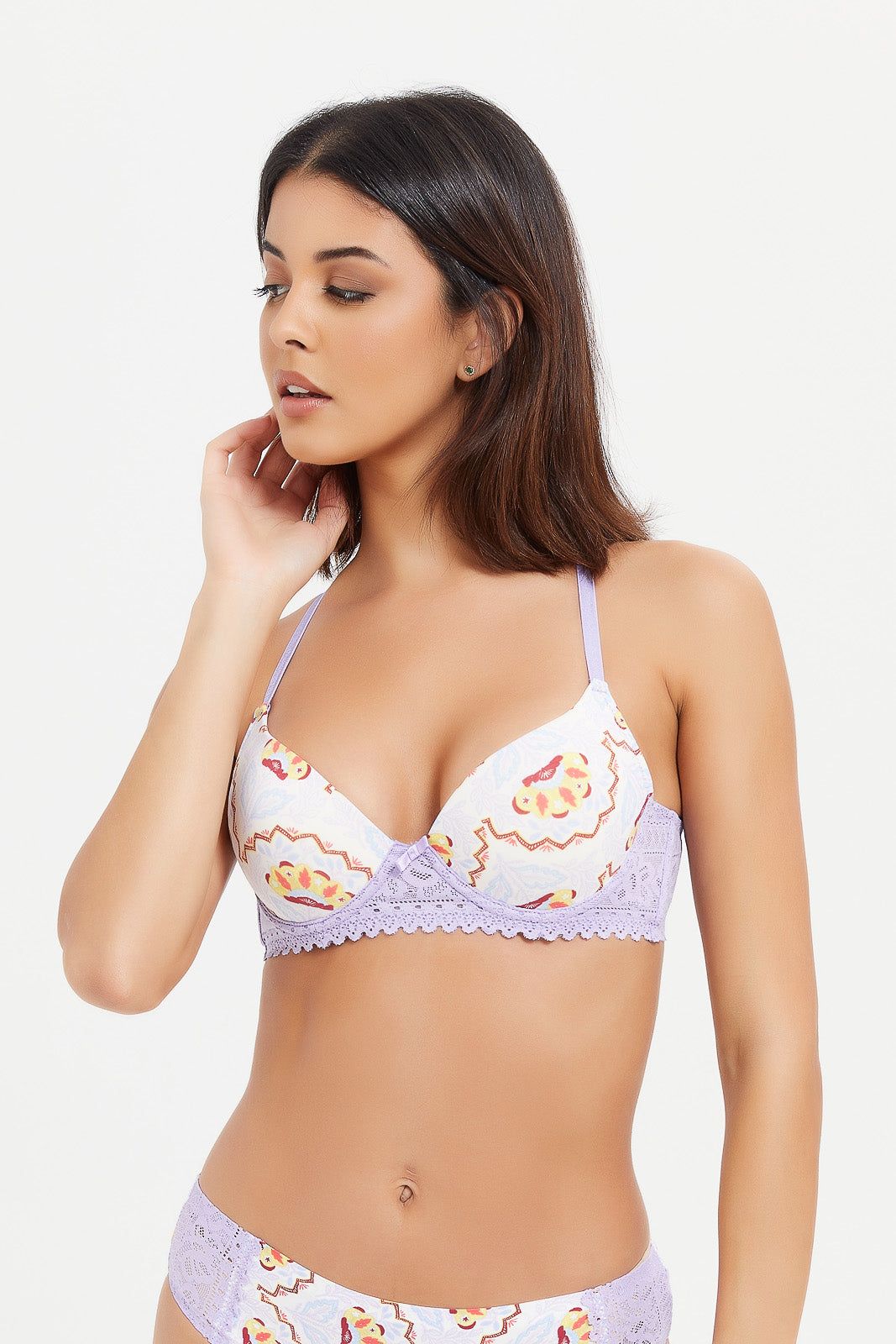 Women Cream And Lilac Embellished Plunge Bra sold by Redtag