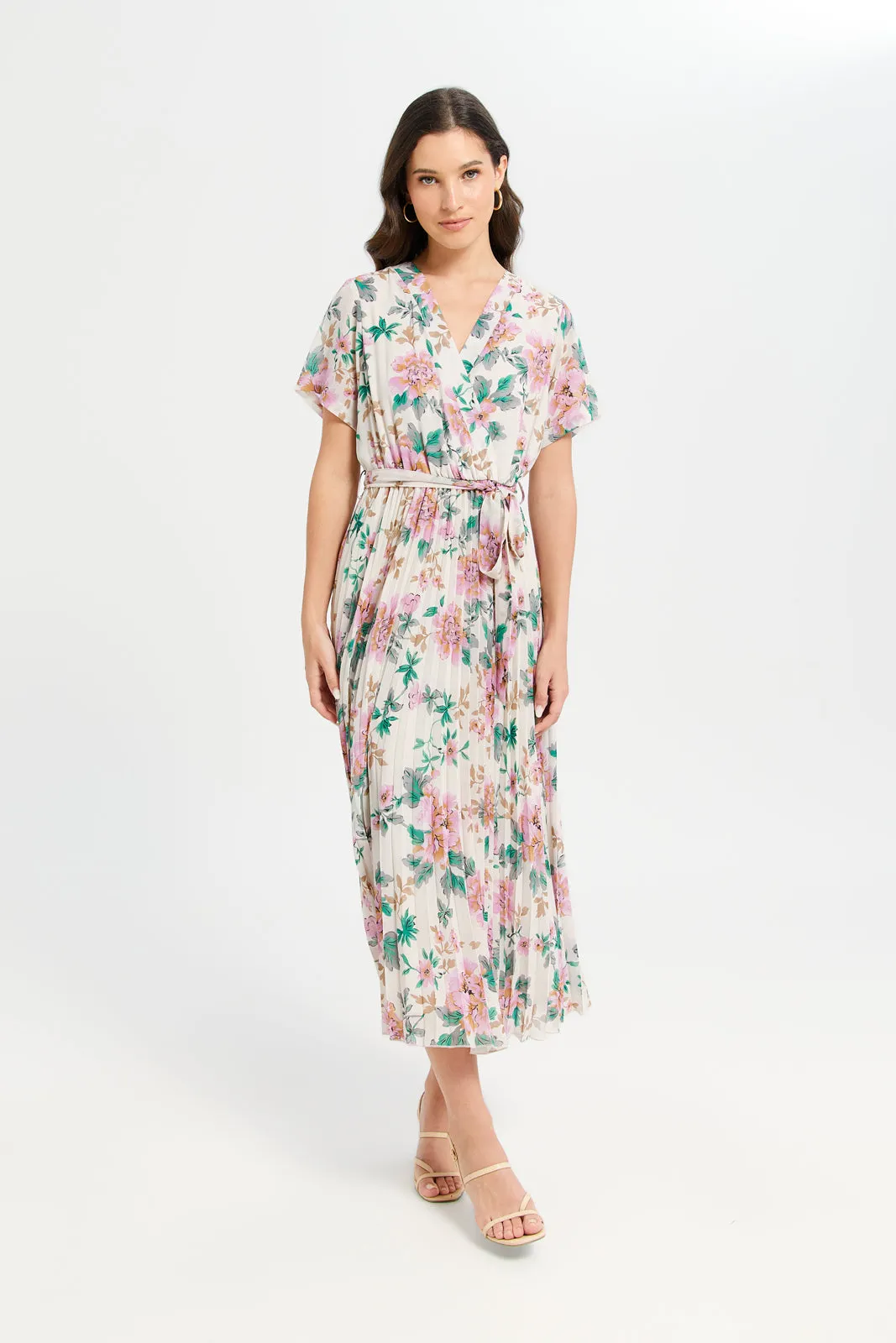 Women Beige Floral Print Pleated Wrap Dress sold by Redtag