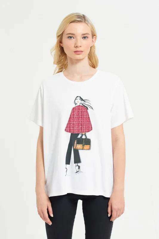 Women White Front Applique Graphic T-Shirt sold by Redtag