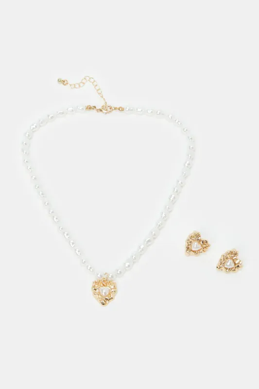 Women White And Gold Pearl Necklace Set (2 Piece) sold by Redtag