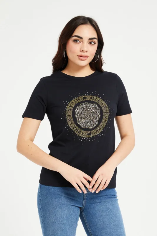 Women Black Rhinestones Embellished T-Shirt sold by Redtag