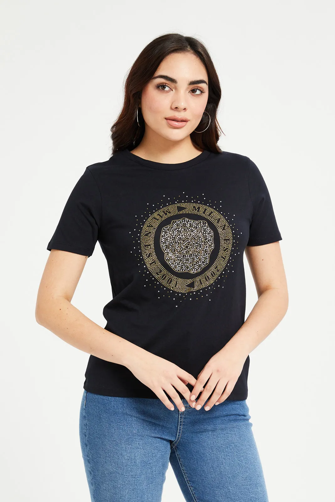 Women Black Rhinestones Embellished T-Shirt sold by Redtag
