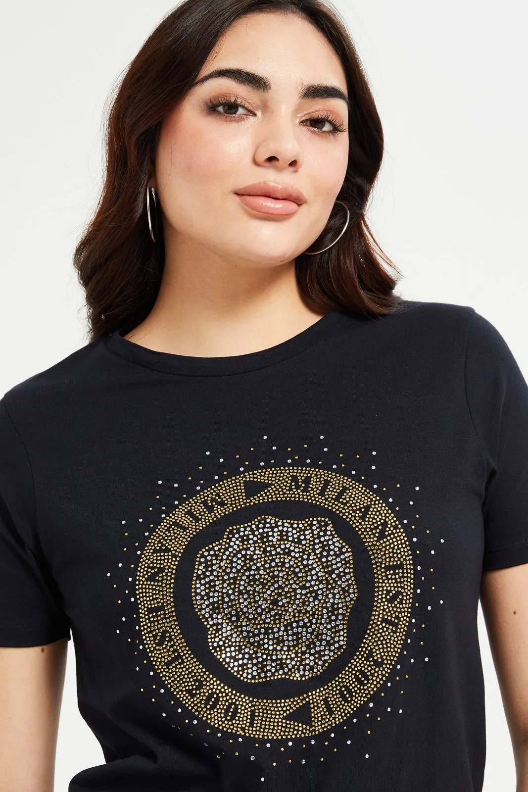 Women Black Rhinestones Embellished T-Shirt sold by Redtag product image thumbnail 4