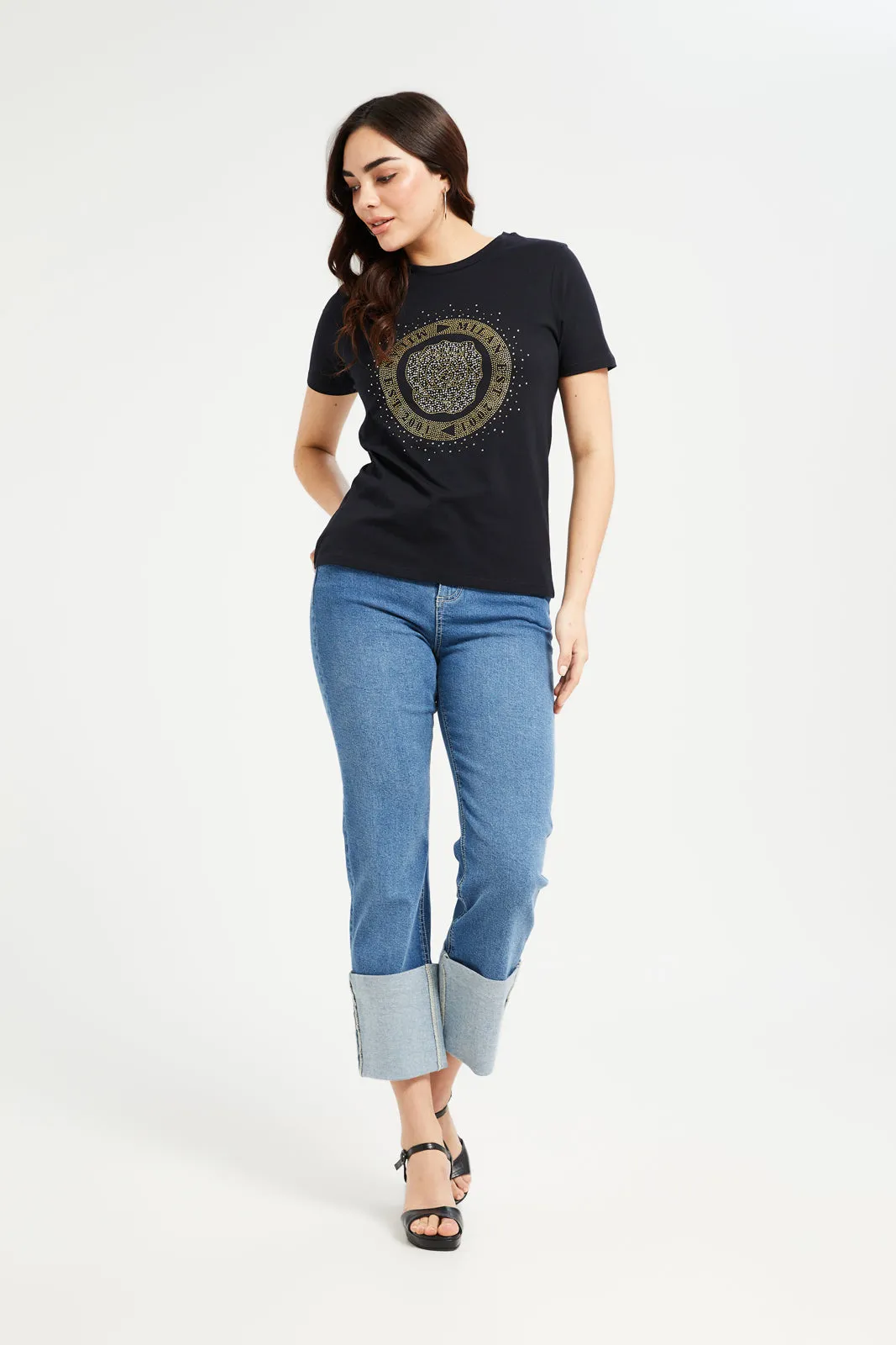 Women Black Rhinestones Embellished T-Shirt sold by Redtag product image thumbnail 2