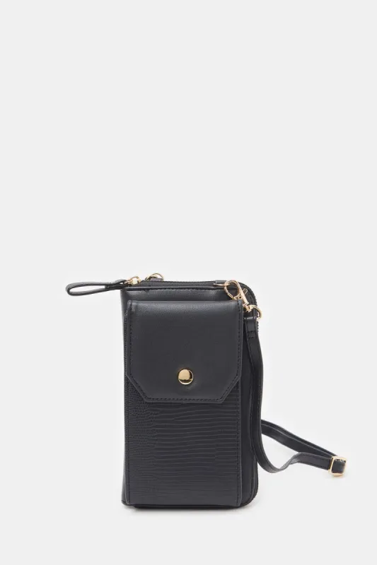 Women Black Textured Mobile Purse sold by Redtag