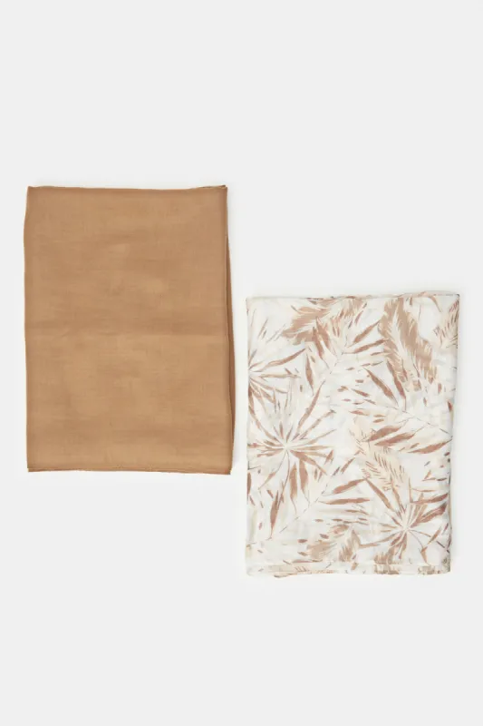 Women Brown Solid And Printed Scarf Set (Pack of 2) sold by Redtag