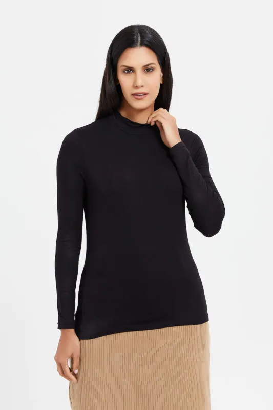 Women Black Long Sleeves High Neck T-Shirt sold by Redtag