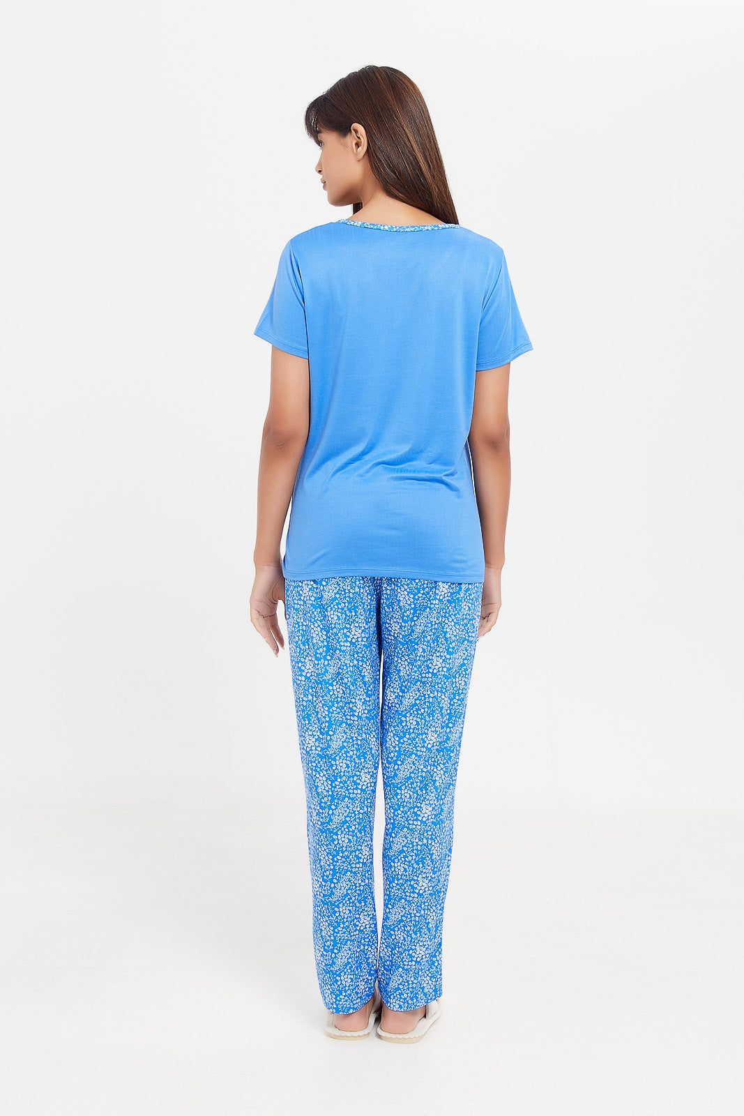Women Blue V-Neck Printed Pyjama Set (2 Piece) sold by Redtag product image thumbnail 4