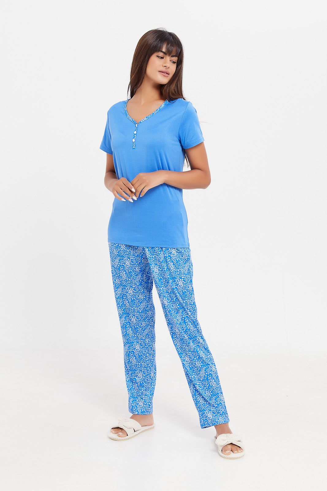 Women Blue V-Neck Printed Pyjama Set (2 Piece) sold by Redtag