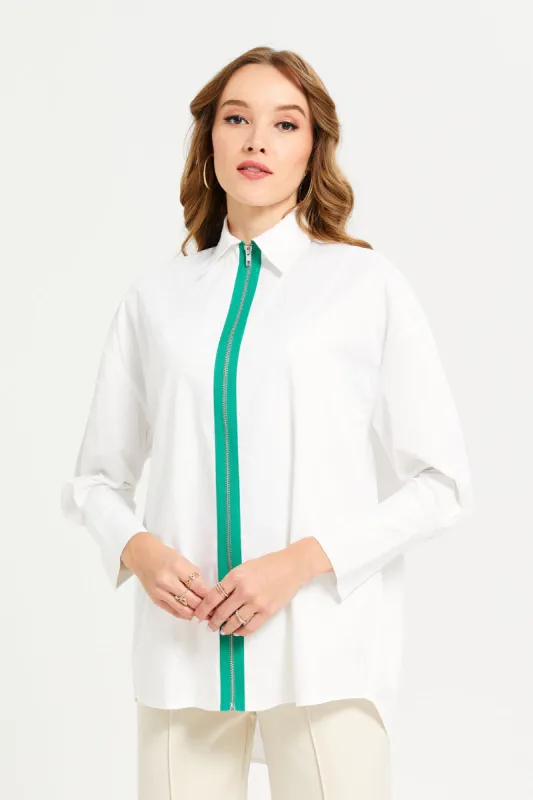 Women White Oversize Shirt Blouse With Contrast Zipper sold by Redtag