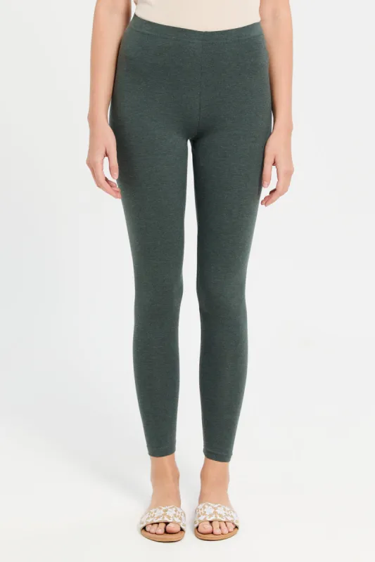 Women Olive And Grey Solid Leggings (Pack of 2) sold by Redtag