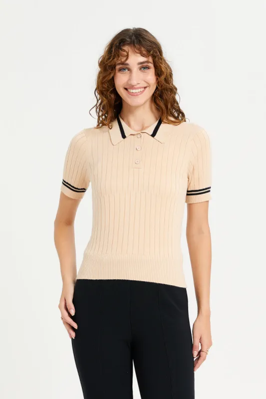 Women Pink Embellished Piping Polo Shirt sold by Redtag