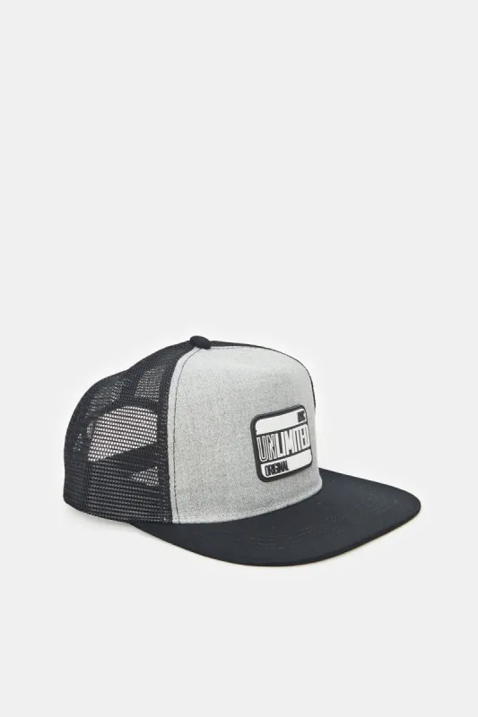 Men Grey And Black Cap With Rubber Patch sold by Redtag