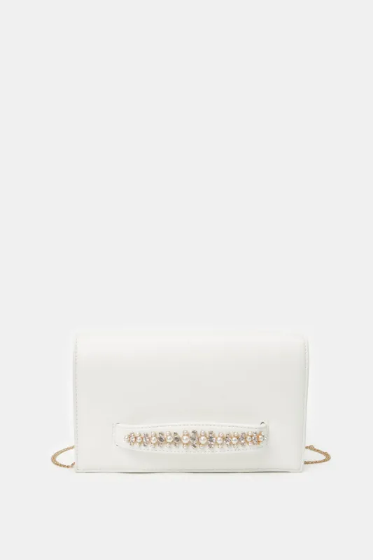 Women White Embellished Clutch Bag sold by Redtag