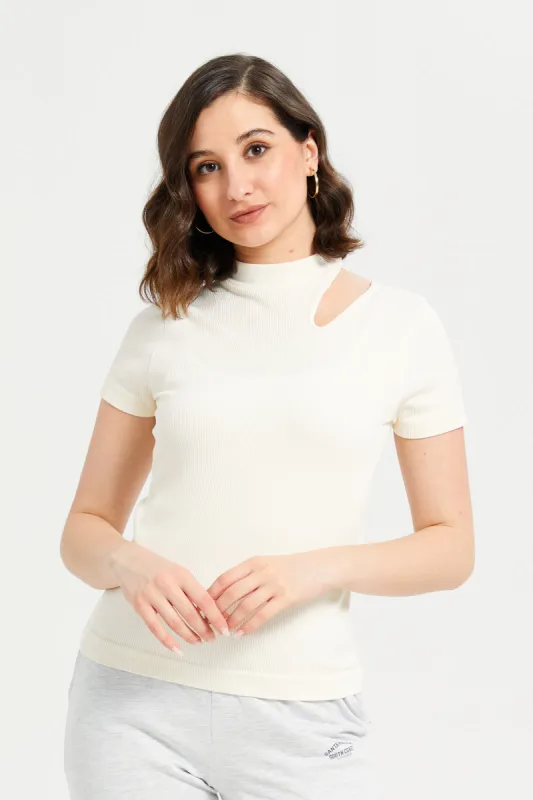 Women Cream Ribbed Cutout T-Shirt sold by Redtag