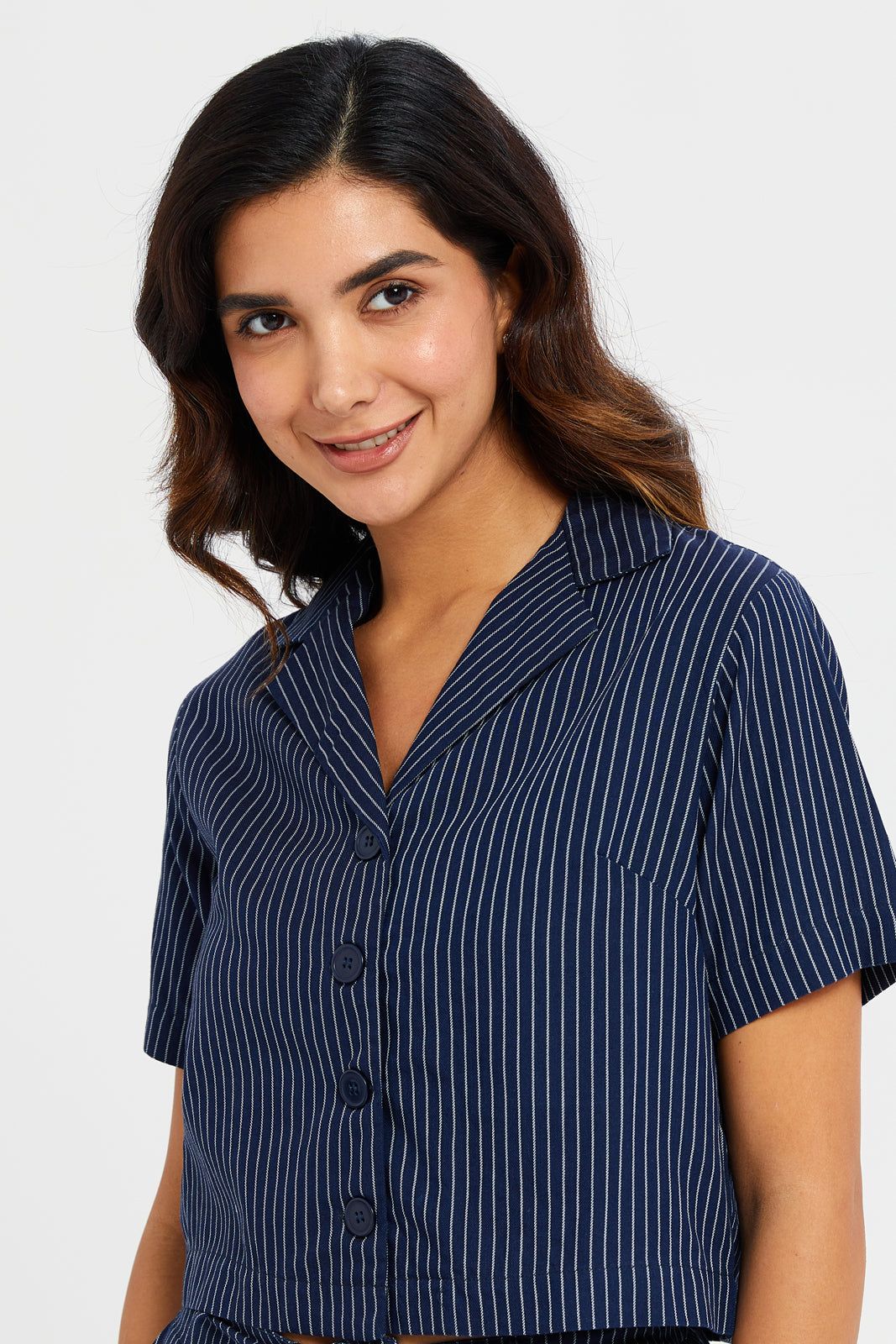Women Navy Striped Cropped Blouse sold by Redtag product image thumbnail 4