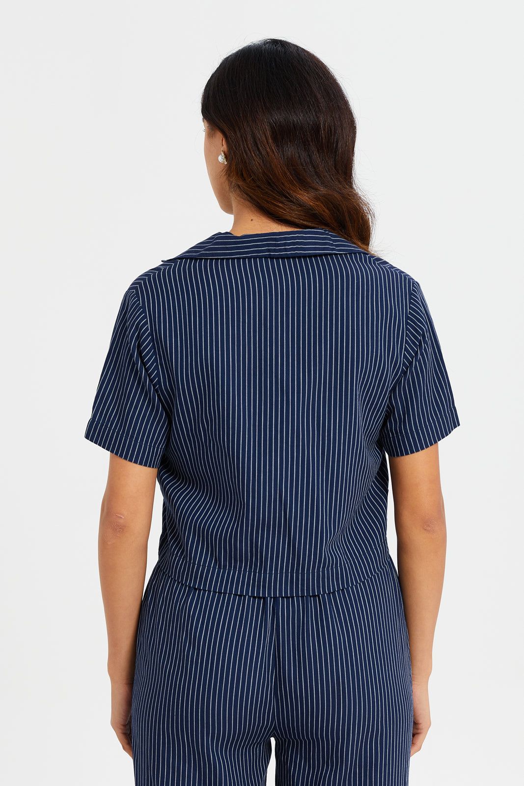 Women Navy Striped Cropped Blouse sold by Redtag product image thumbnail 3