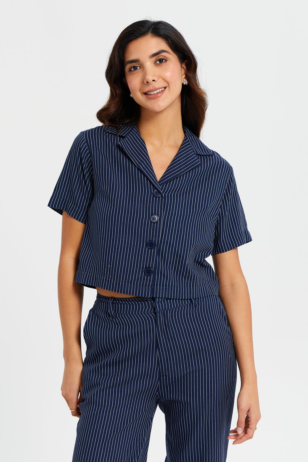 Women Navy Striped Cropped Blouse sold by Redtag