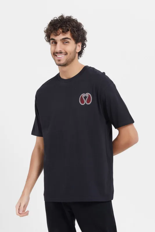 Men Black Printed Patch T-Shirt sold by Redtag