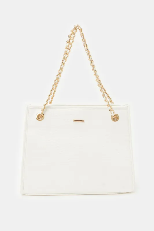 Women White Embellished Soft Tote Bag sold by Redtag