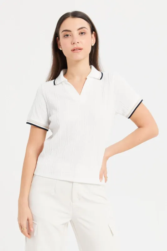 Women White Jacquard Polo Shirt sold by Redtag