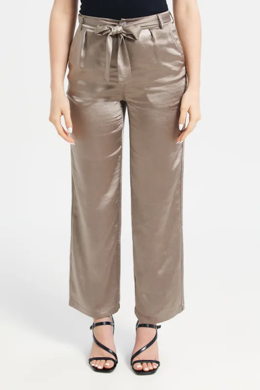 Women Taupe Tie Up Satin Trousers sold by Redtag