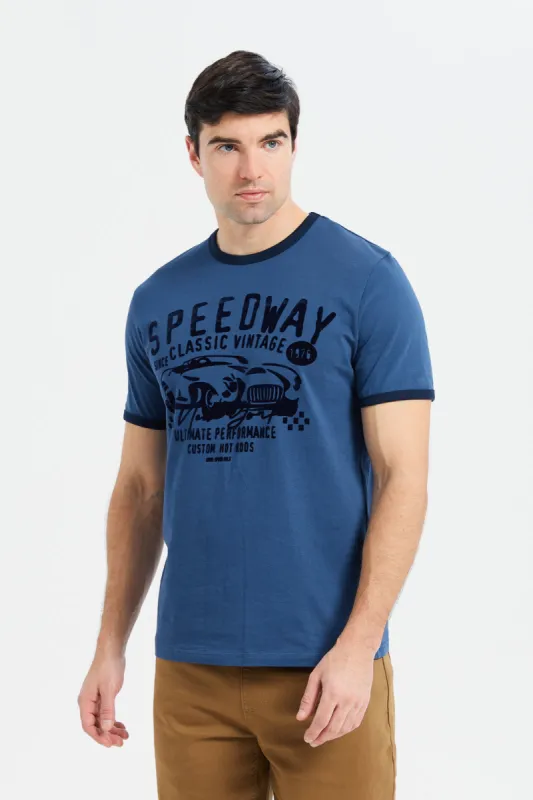 Men Blue Ringer Print T-Shirt sold by Redtag