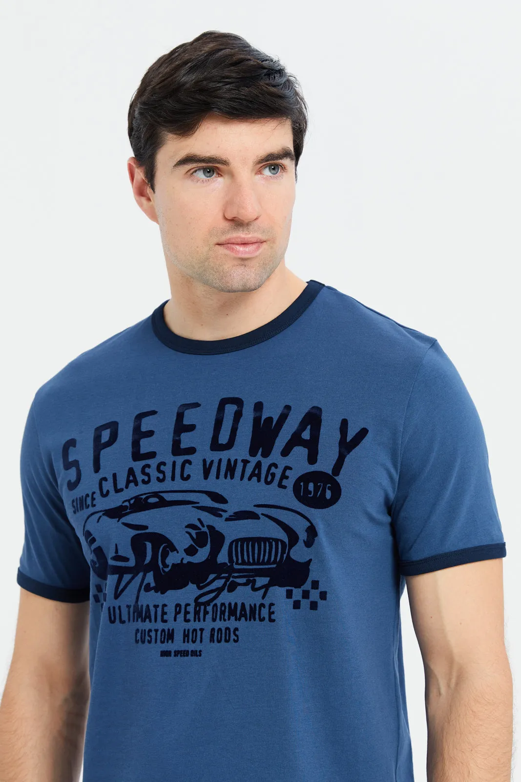 Men Blue Ringer Print T-Shirt sold by Redtag product image thumbnail 4