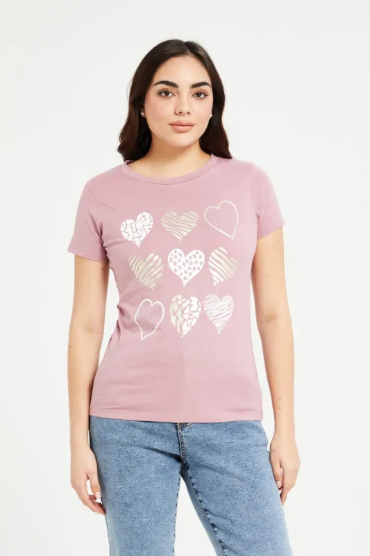 Women Mauve Heart Foil T-Shirt sold by Redtag