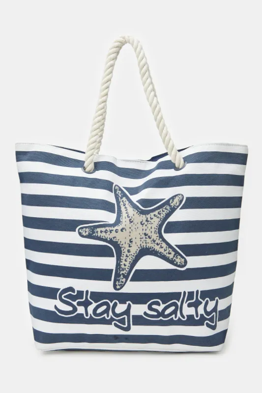 Women Navy Stripe Beach Bag sold by Redtag