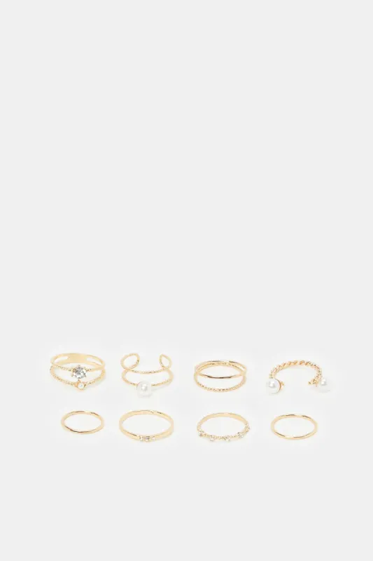 Women Gold Embellished Ring Set (Pack of 8) sold by Redtag