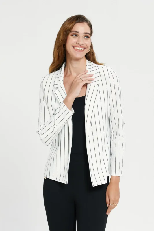 Women White And Black Striped Rolled Sleeve Blazer sold by Redtag