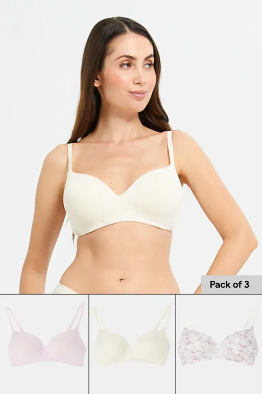 Women Ivory And Lilac Non Wired Bra Set (Pack of 3) sold by Redtag
