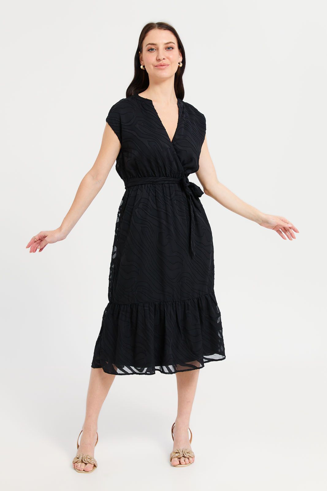 Women Black Jacquard V-Neck Dress sold by Redtag