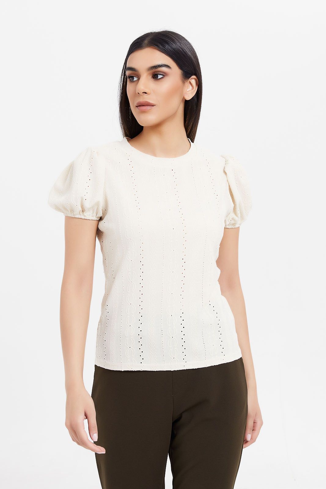 Women Ecru Textured Puff Sleeve Top sold by Redtag