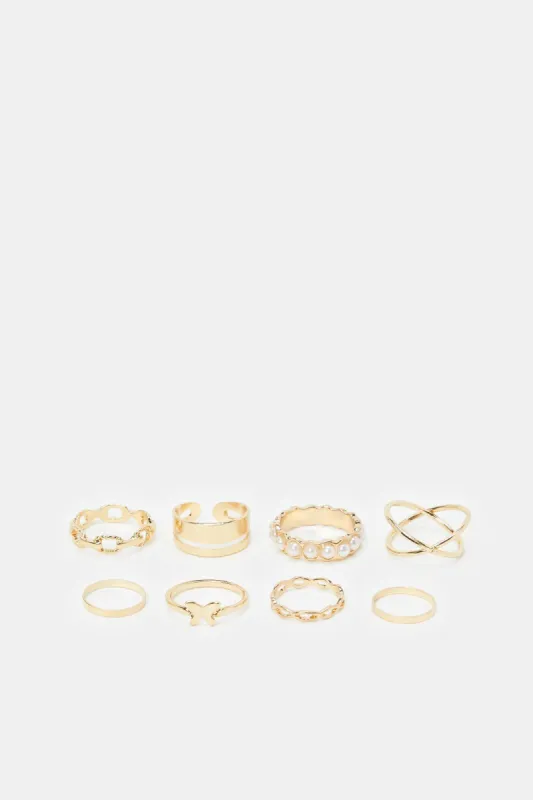 Women Gold Embellished Ring Set (Pack of 8) sold by Redtag