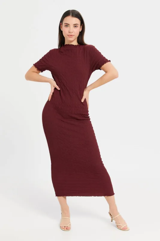 Women Burgundy Textured Bodycon Dress sold by Redtag