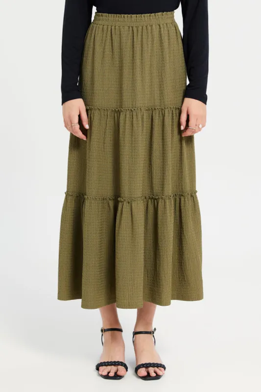 Women Green Textured Tiered Skirt sold by Redtag