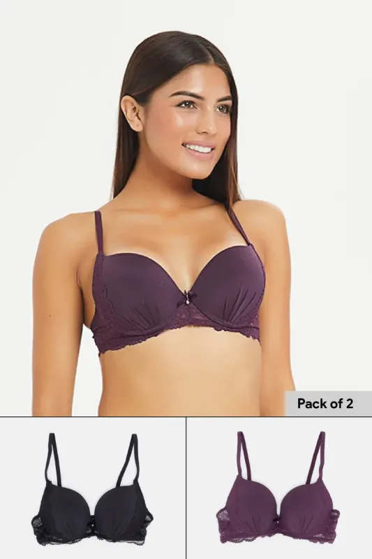 Women Purple And Black Push-Up Bra Set (Pack Of 2) sold by Redtag