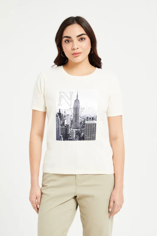 Women Cream NYC Embellished T-Shirt sold by Redtag