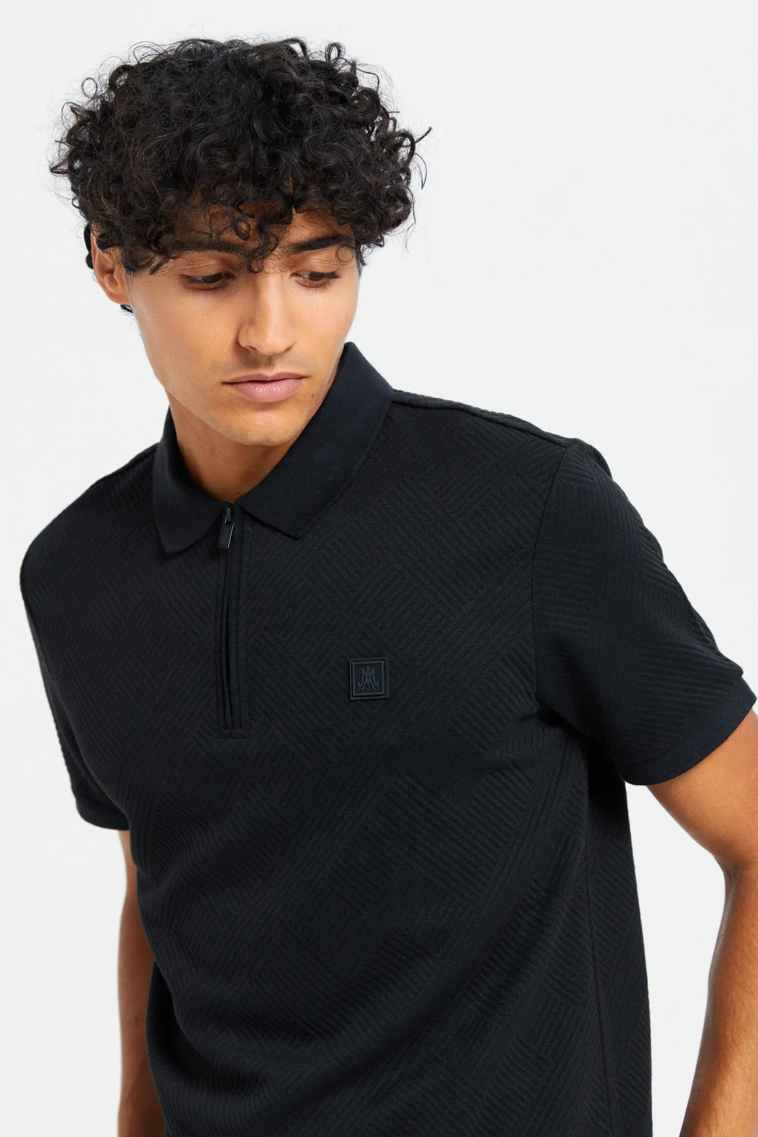 Men Black Zip Placket Jacquard Polo Shirt sold by Redtag product image thumbnail 4