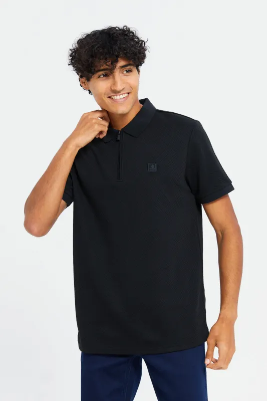 Men Black Zip Placket Jacquard Polo Shirt sold by Redtag