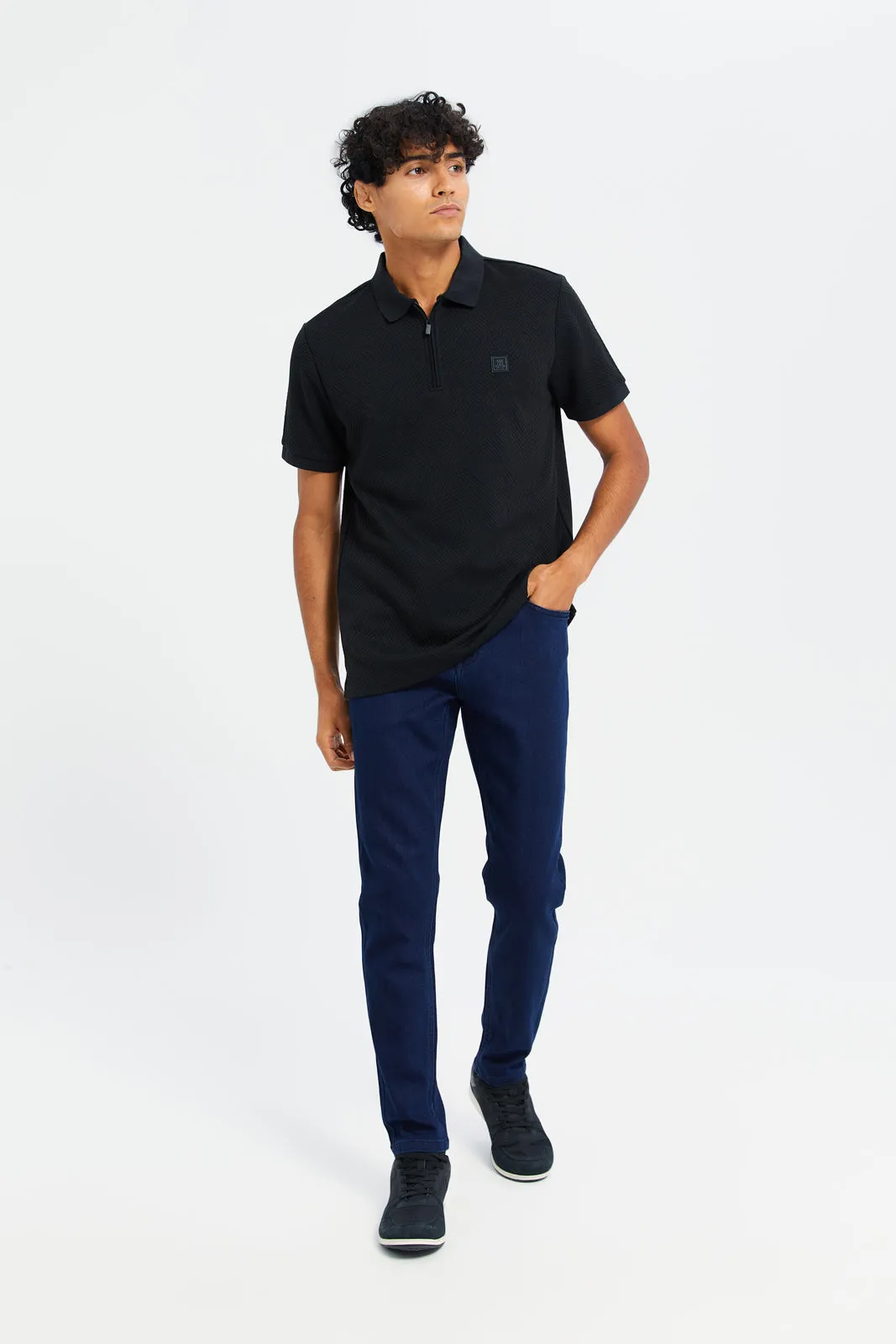 Men Black Zip Placket Jacquard Polo Shirt sold by Redtag product image thumbnail 2