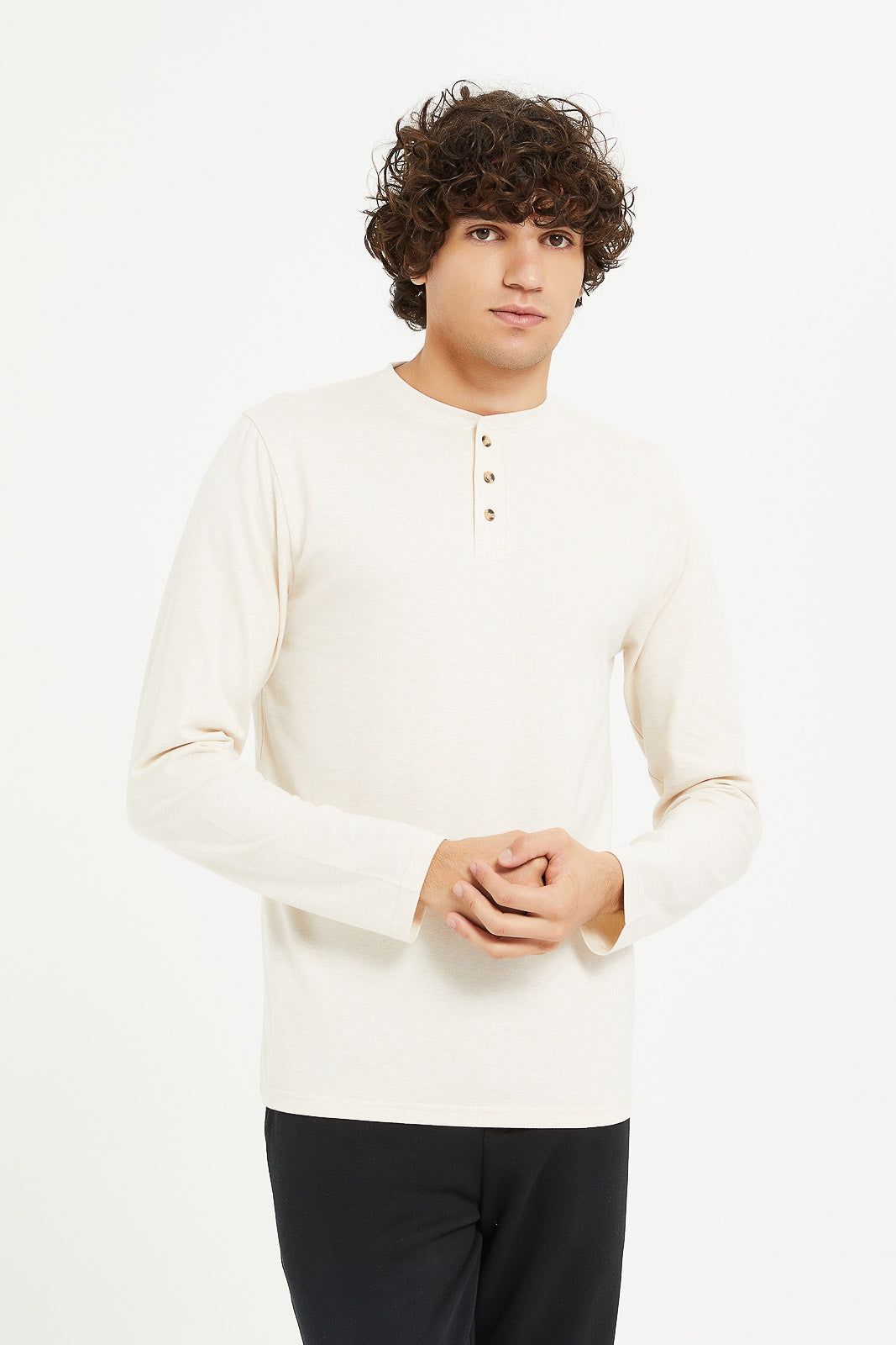 Men Ecru Long Sleeve Henley sold by Redtag