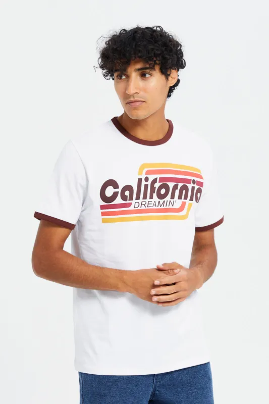 Men White Ringer Print T-Shirt sold by Redtag