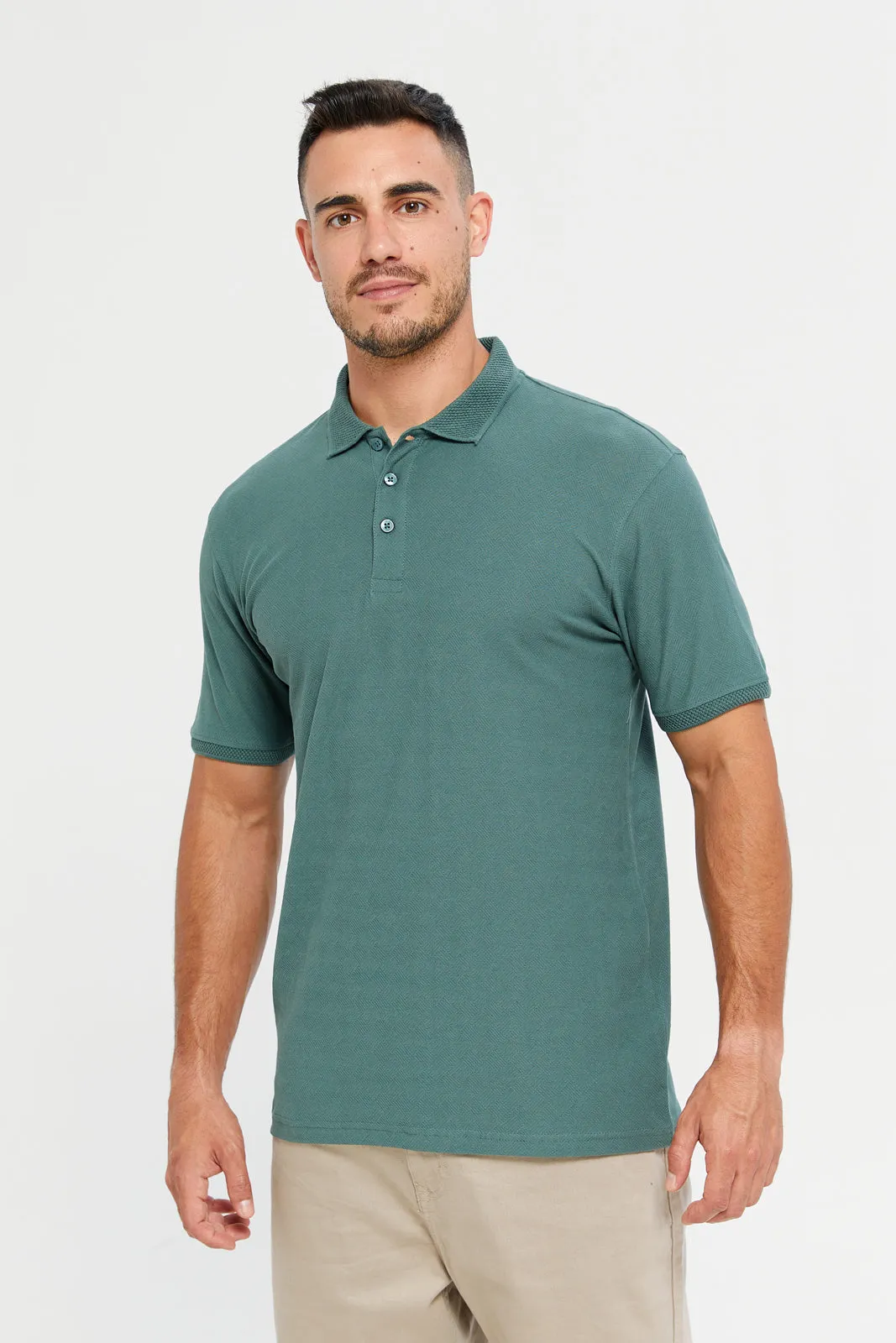 Men Green Jacquard Polo T-Shirt sold by Redtag