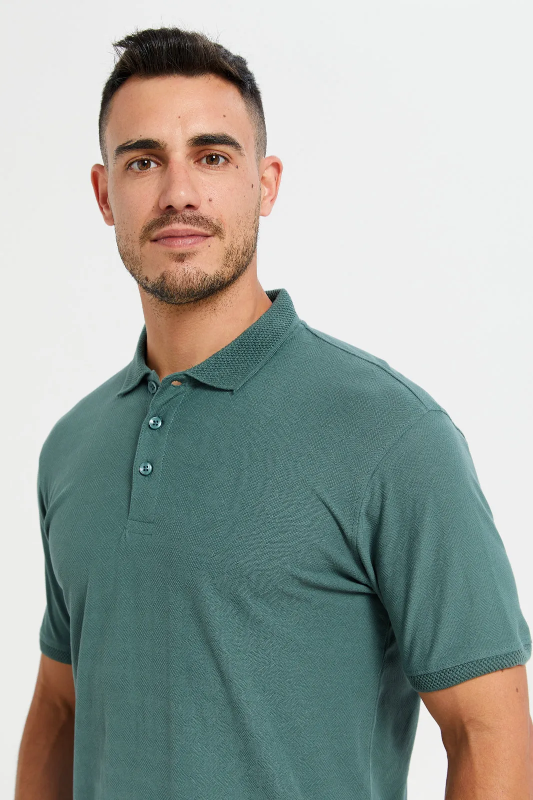 Men Green Jacquard Polo T-Shirt sold by Redtag product image thumbnail 4
