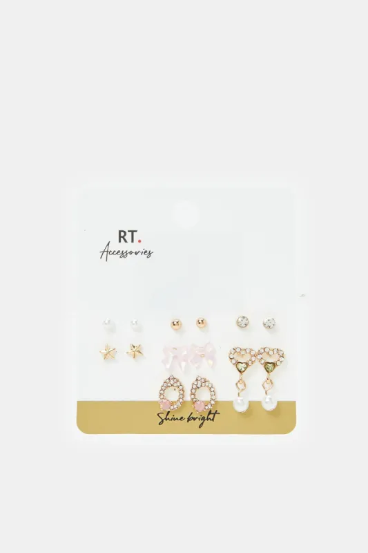 Women Gold Embellished Studs (7 Pairs) sold by Redtag